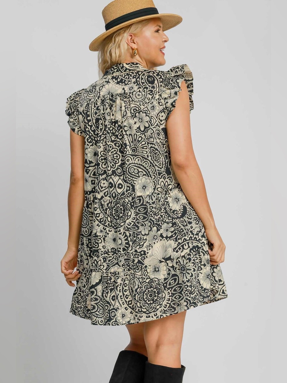 NWOT Umgee Floral Mini Dress Size L Black Cream Ruffle Shoulder Cotton Boho - Picture 4 of 8